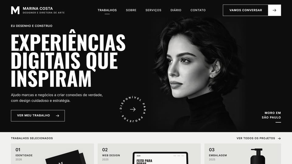 Site de exemplo de uma designer: tela preta com o título Experiências digitais que inspiram e um retrato em preto e branco.