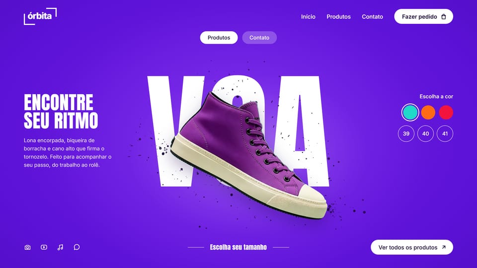 Site de exemplo de uma loja de tênis: fundo roxo, a palavra gigante VOA atrás de um tênis roxo e creme, cores e tamanhos para escolher.