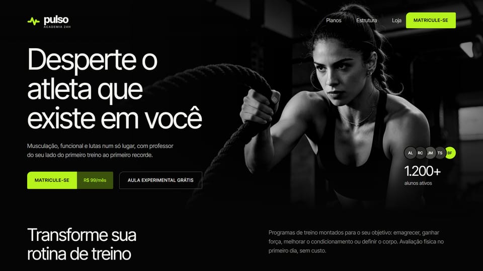 Site de exemplo de uma academia: tela preta com detalhes verde-limão, uma atleta em preto e branco e o botão de matrícula.